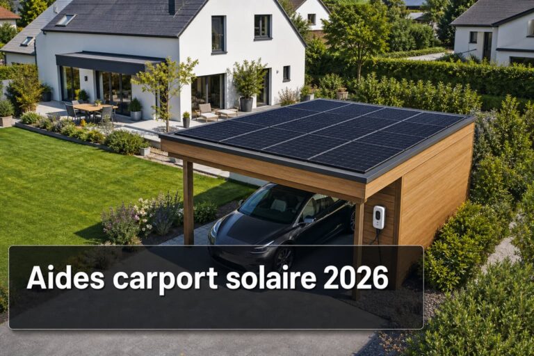 Vue aérienne d'une maison moderne avec un carport en bois couvert de panneaux solaires, une voiture électrique brillante garée en dessous, paysage suburbain ensoleillé, et texte superposé 'Aides carport solaire 2026' avec ombre portée sur un fond semi-transparent.