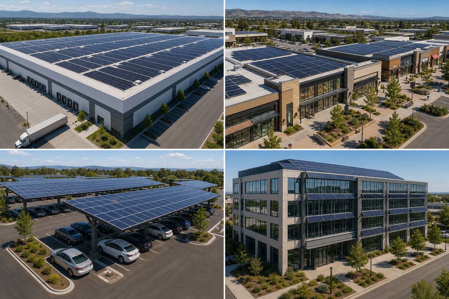 Quatre types de bâtiments équipés de panneaux solaires : entrepôt, centre commercial, parking avec ombrières solaires et immeuble de bureaux