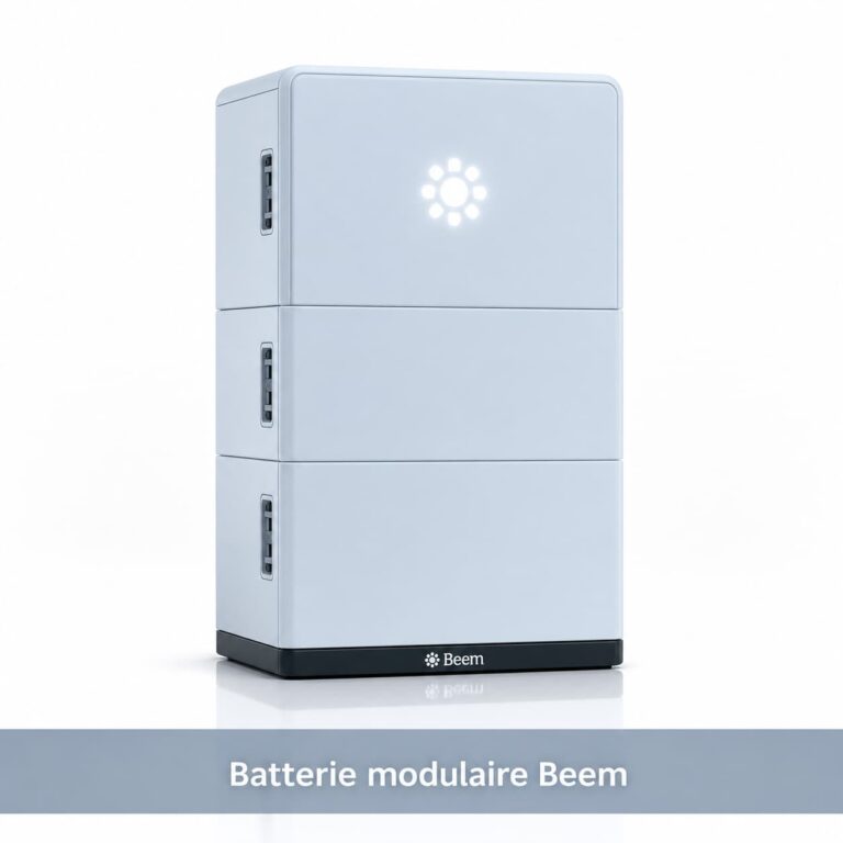 Gros plan d'une pile de trois batteries modulaires Beem, connecteurs visibles, sur fond blanc avec reflet, et bannière 'Batterie modulaire Beem'.