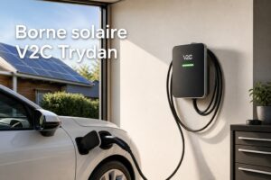 Borne murale V2C Trydan dans un garage, véhicule électrique branché, lumière du soleil et panneaux solaires en arrière-plan, texte superposé 'Borne solaire V2C Trydan'.