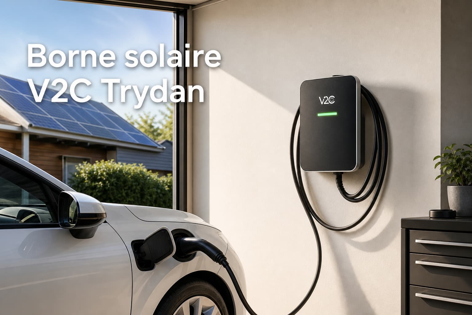Borne murale V2C Trydan dans un garage, véhicule électrique branché, lumière du soleil et panneaux solaires en arrière-plan, texte superposé
