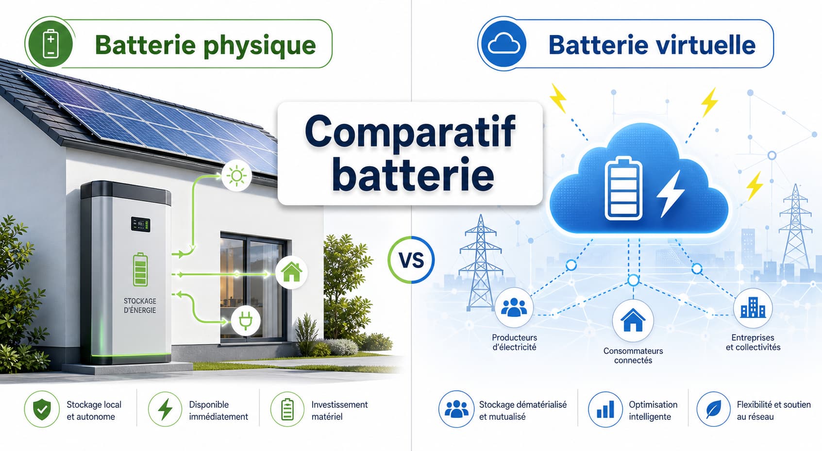 Illustration en écran partagé comparant une batterie physique domestique avec panneaux solaires à gauche et une batterie virtuelle représentée par des icônes de nuage et d