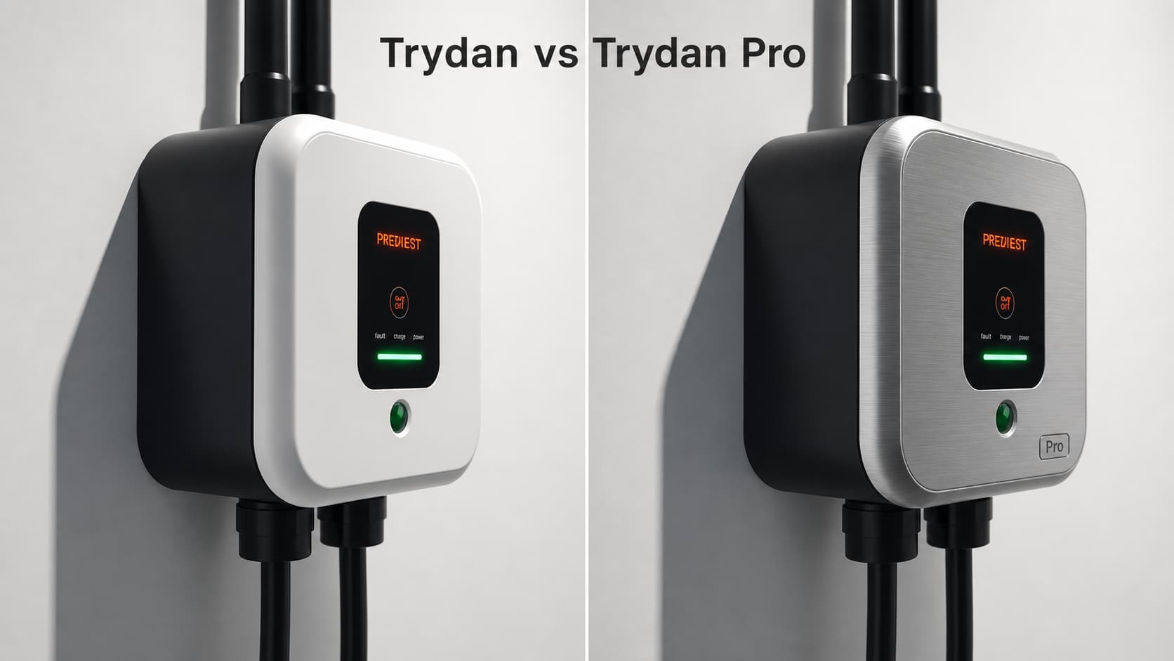 Comparaison côte à côte des V2C Trydan blanc mat et Trydan Pro avec panneau avant métallique et badge Pro, sur fond dégradé neutre, avec texte