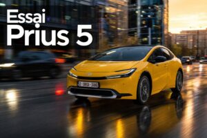 Vue de trois quarts avant d'une Toyota Prius 5 2023 sur une rue urbaine au coucher du soleil, avec reflets sur l'asphalte mouillé et texte 'Essai Prius 5' en surimpression.