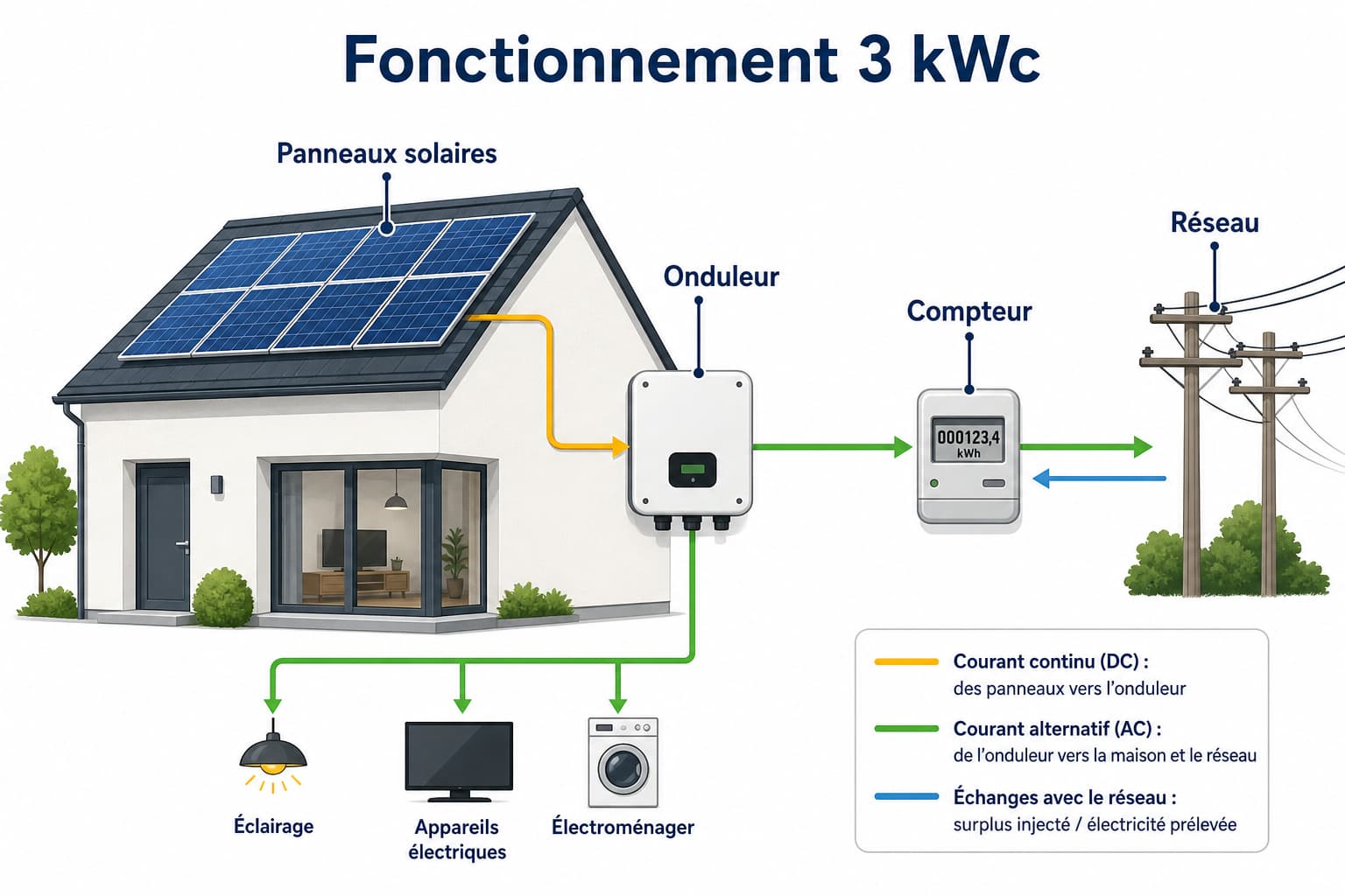 Infographie épurée montrant des panneaux solaires, un onduleur, un compteur et le réseau, avec le texte