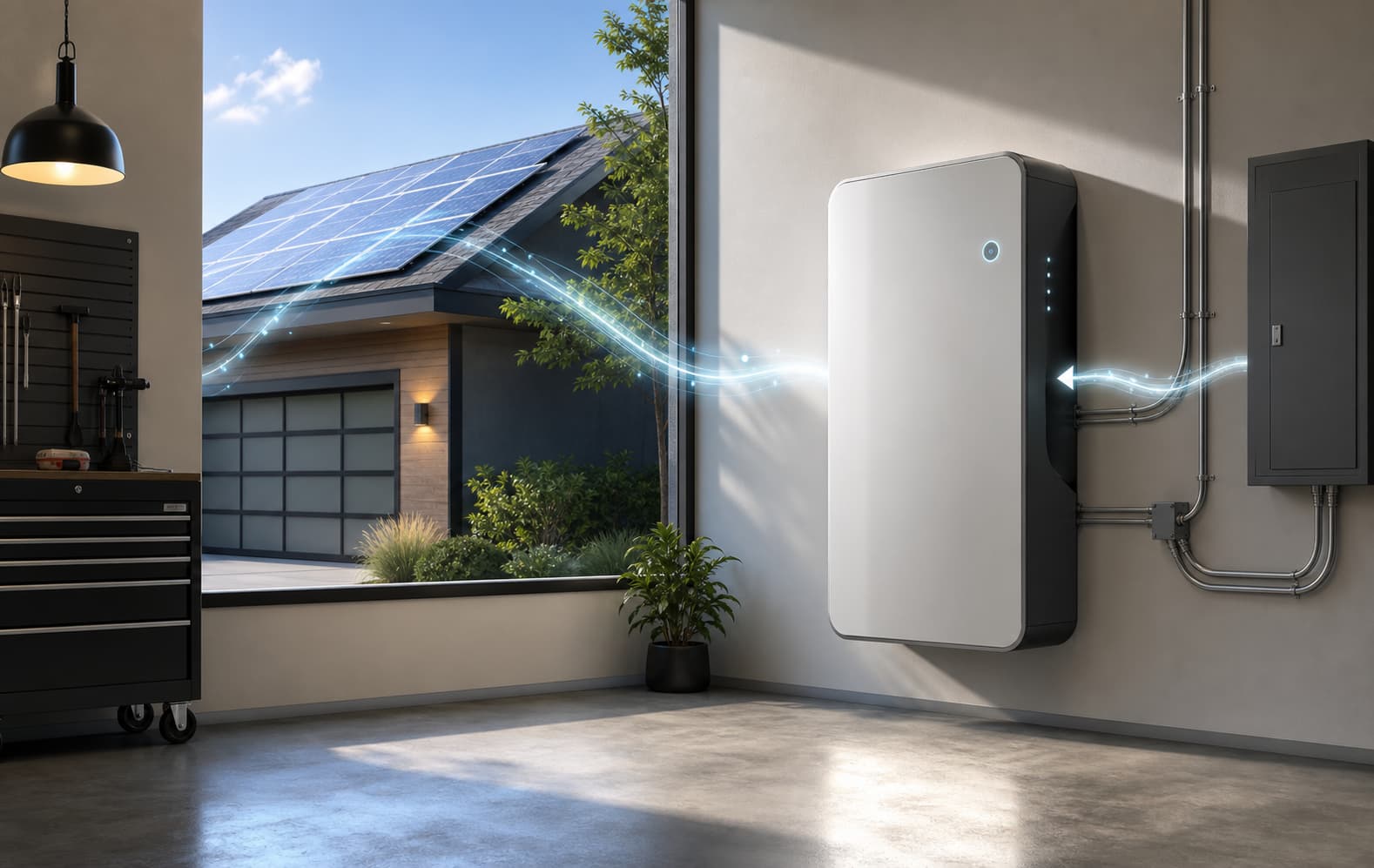 Installation solaire résidentielle avec panneaux sur le toit et batterie de stockage moderne fixée au mur d’un garage, flux d’énergie représenté visuellement.