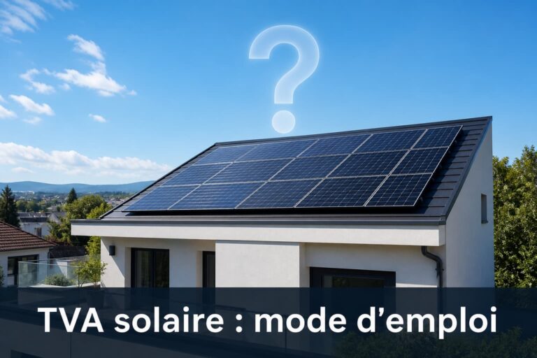 Toit résidentiel avec panneaux solaires et un point d'interrogation stylisé, sous un ciel bleu, avec le texte 'TVA solaire : mode d'emploi' en superposition.