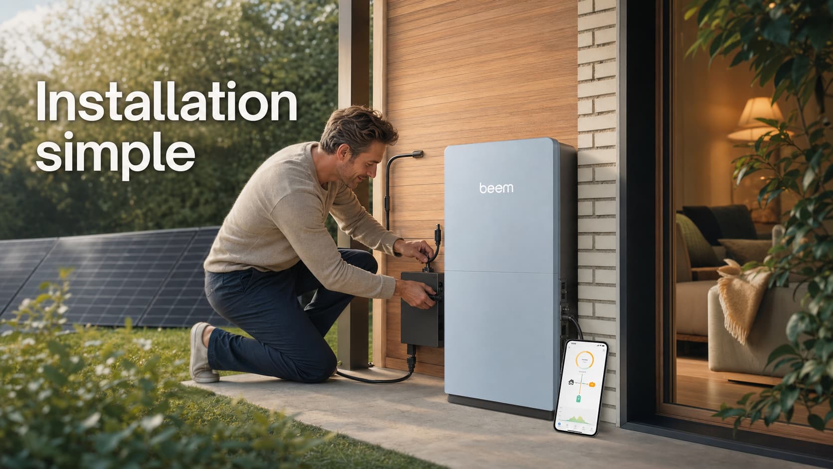 Un propriétaire branche une batterie Beem à un onduleur solaire domestique dans un intérieur chaleureux, avec un smartphone affichant l