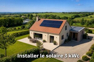 Vue aérienne d'une maison moderne avec toit en terre cuite et panneaux solaires, située dans un paysage verdoyant de Normandie près d'Yvetot, avec le texte 'Installer le solaire 3 kWc' en surimpression.