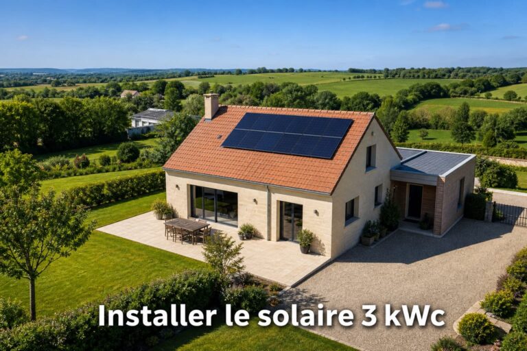 Vue aérienne d'une maison moderne avec toit en terre cuite et panneaux solaires, située dans un paysage verdoyant de Normandie près d'Yvetot, avec le texte 'Installer le solaire 3 kWc' en surimpression.