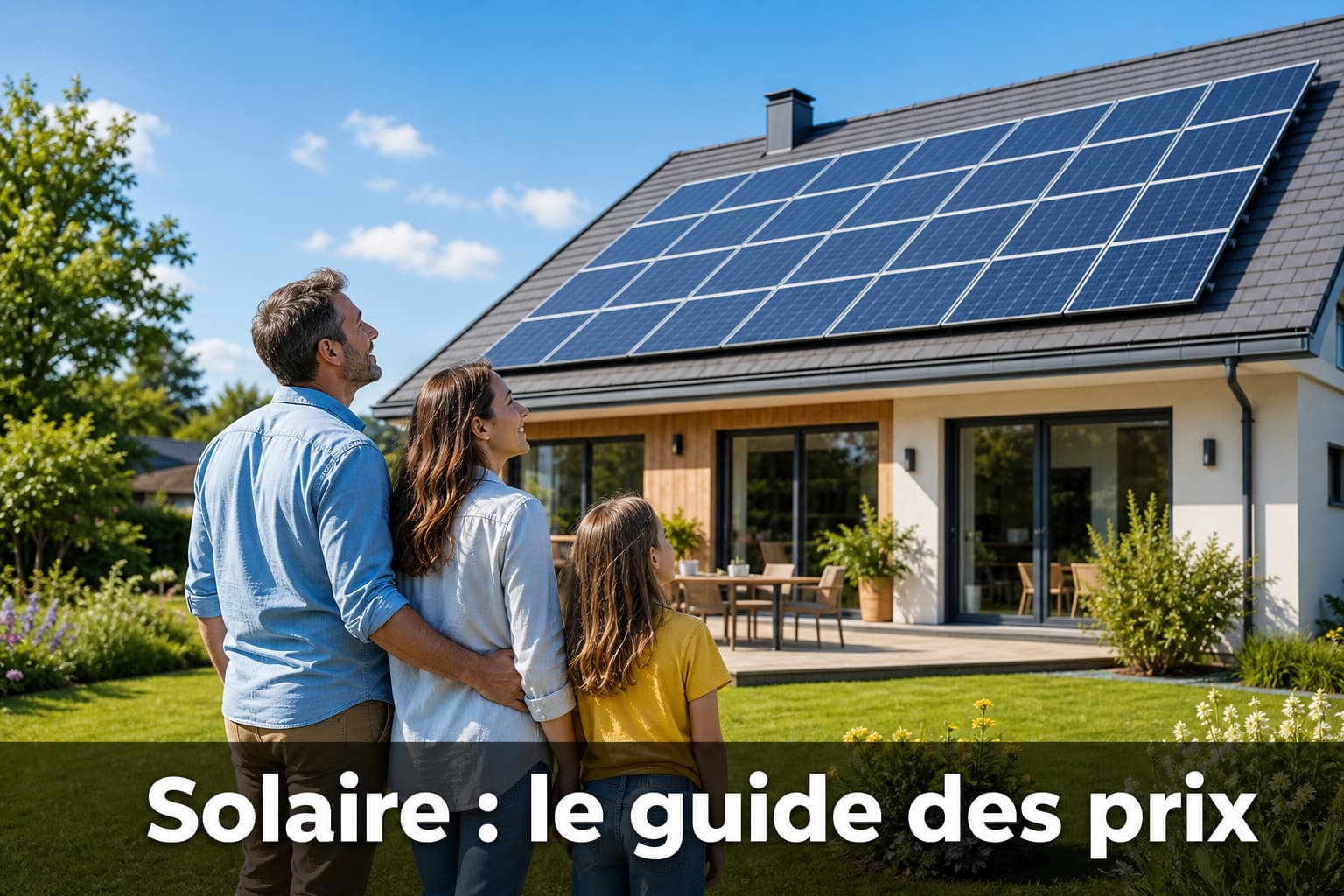 Une famille de trois personnes regarde les panneaux solaires sur le toit d