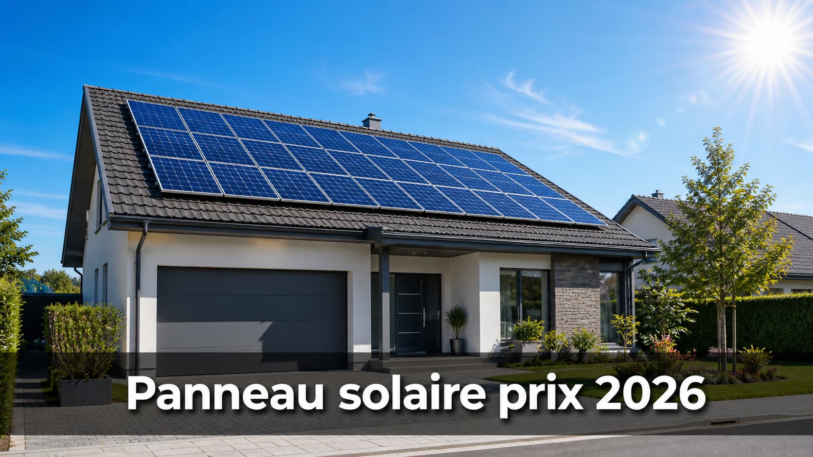 Une maison moderne avec des panneaux solaires bleutés sur le toit, sous un ciel bleu vif, et le texte