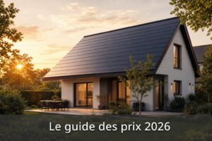 Maison moderne avec toiture à tuiles solaires sombres dans la lumière chaude du coucher de soleil, jardin avec arbres verts, et texte 'Le guide des prix 2026' en surimpression en bas.