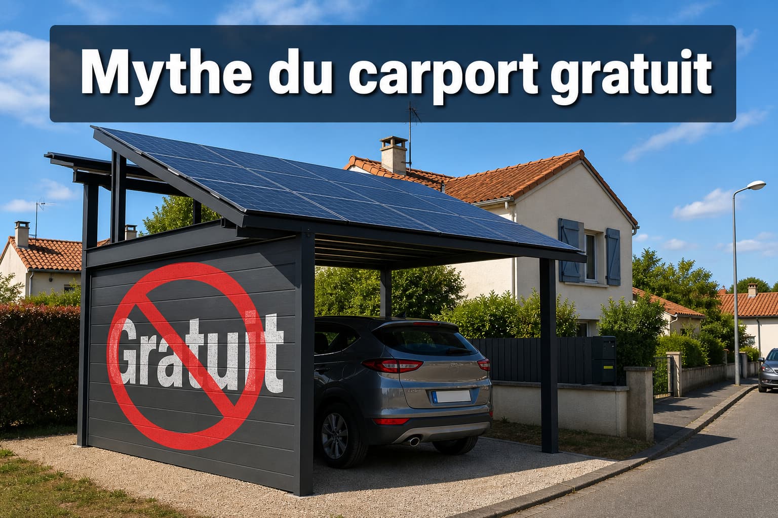 Un carport solaire dans un quartier résidentiel français, avec le mot