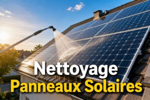 Panneaux solaires résidentiels sur un toit, nettoyés par un jet d'eau, avec reflets du soleil et ciel bleu, texte 'Nettoyage Panneaux Solaires' superposé.