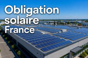 Vue en plongée d'un toit de bâtiment commercial moderne recouvert de panneaux solaires bleus étincelants sous un ciel bleu, avec le texte 'Obligation solaire France' en surimpression avec ombre portée.
