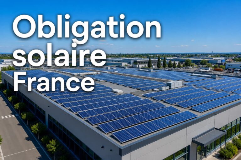 Vue en plongée d'un toit de bâtiment commercial moderne recouvert de panneaux solaires bleus étincelants sous un ciel bleu, avec le texte 'Obligation solaire France' en surimpression avec ombre portée.