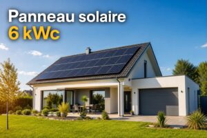 Maison moderne de banlieue avec panneaux solaires sur le toit, journée ensoleillée et ciel bleu, texte superposé 'Panneau solaire 6 kWc' avec ombre portée.