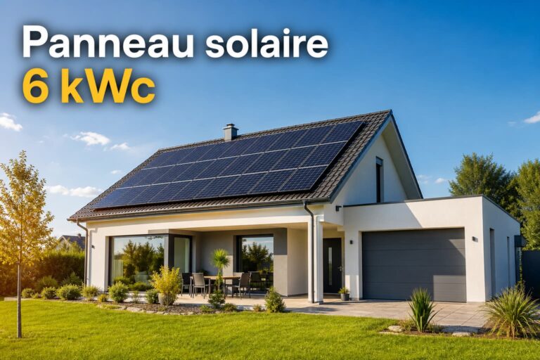 Maison moderne de banlieue avec panneaux solaires sur le toit, journée ensoleillée et ciel bleu, texte superposé 'Panneau solaire 6 kWc' avec ombre portée.