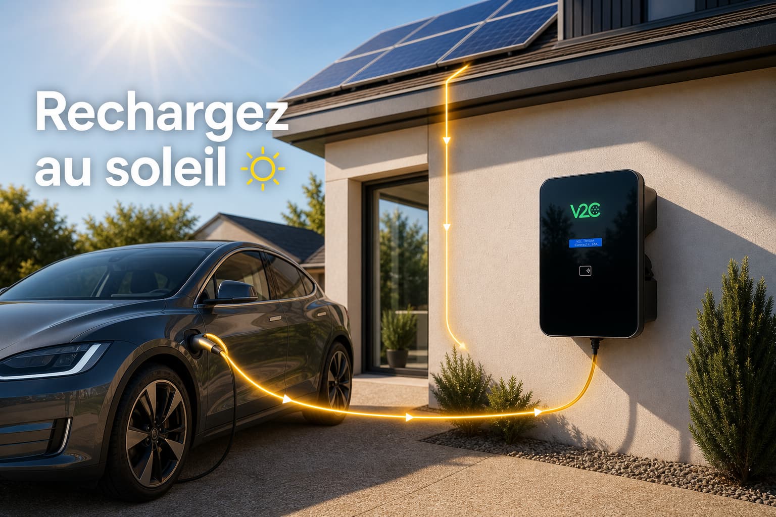 Une voiture électrique branchée à une borne de recharge murale V2C Trydan dans une allée, avec en arrière-plan une maison équipée de panneaux solaires sous un soleil éclatant, et des lignes lumineuses jaunes illustrant le flux d