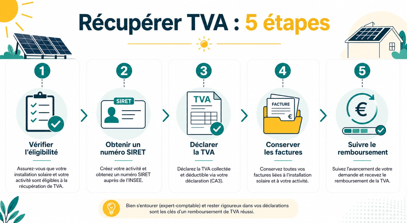Infographie en cinq étapes illustrant la récupération de TVA sur une installation solaire, avec des icônes, des étiquettes et le titre