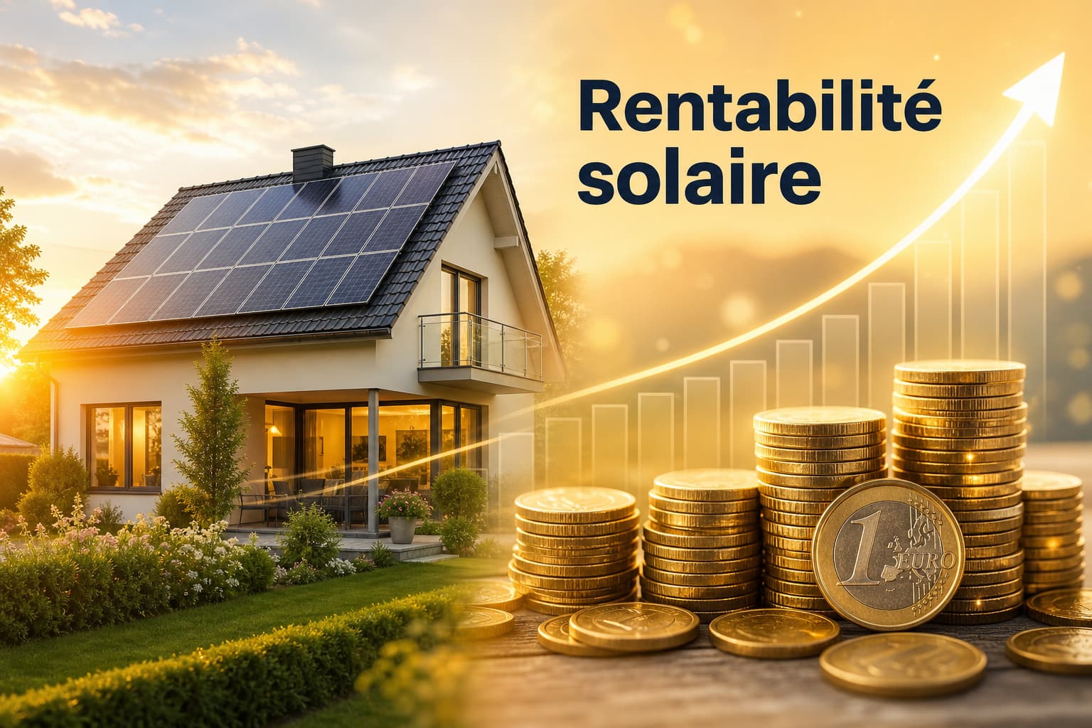 Une maison équipée de panneaux solaires à gauche, une pile de pièces d