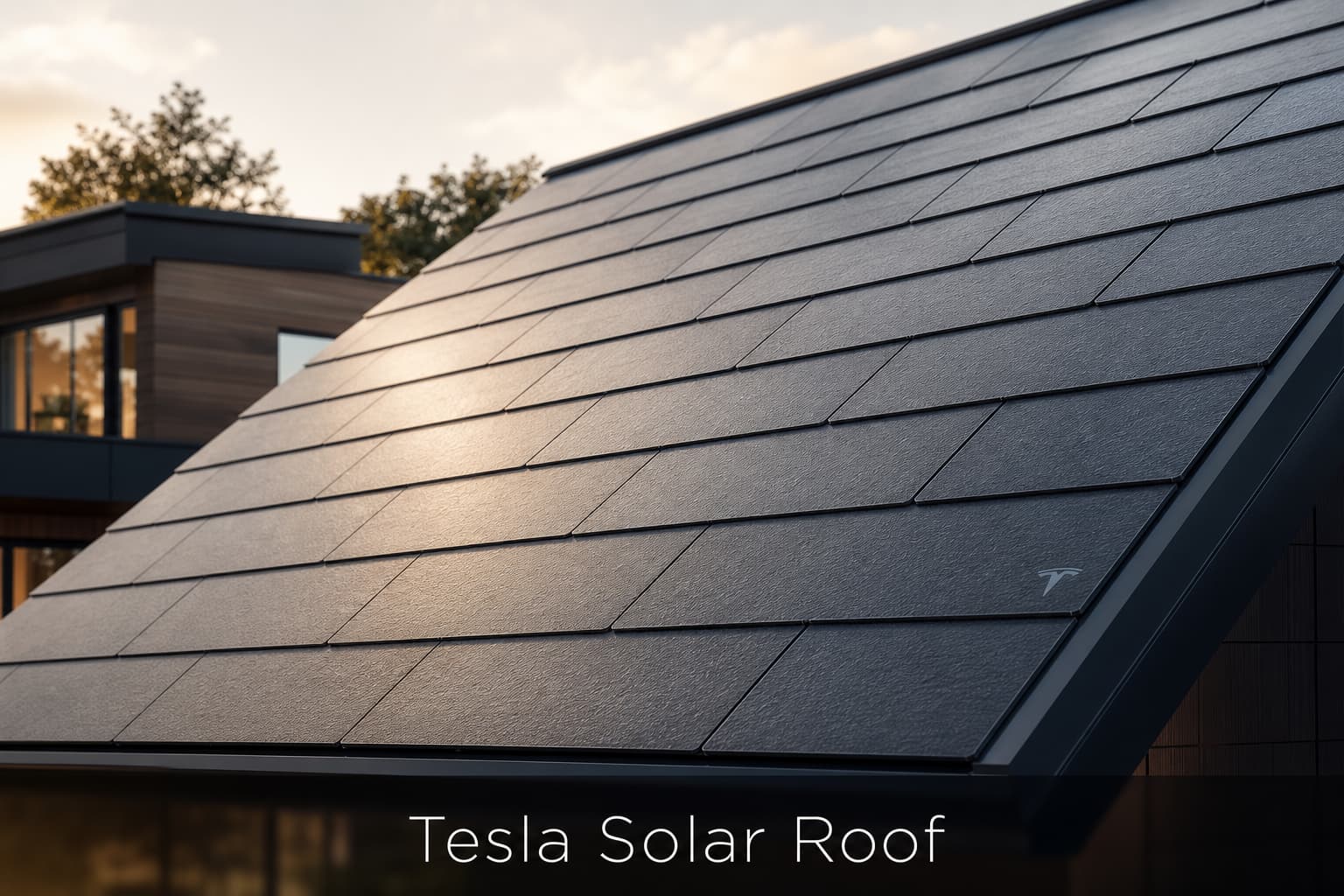 Vue rapprochée en angle trois-quarts de l’installation de tuiles solaires Tesla sur une maison contemporaine, tuiles en verre foncé texturé aux reflets subtils, petit logo Tesla discret sur une tuile, texte superposé