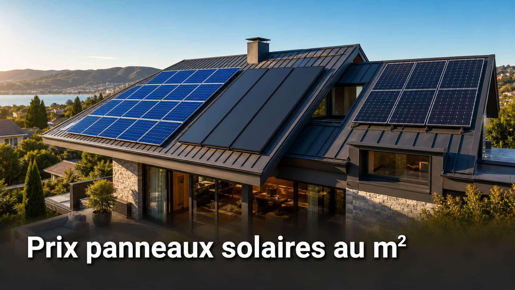 Toiture moderne équipée de panneaux solaires photovoltaïques bleus, thermiques foncés et hybrides, sous un ciel ensoleillé, avec un bandeau sombre portant le texte