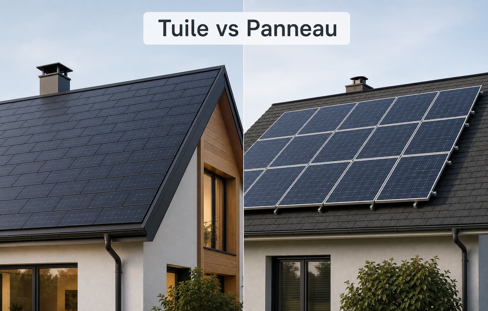 Comparaison visuelle entre une toiture intégrant des tuiles solaires à gauche et des panneaux solaires classiques sur un toit existant à droite, avec un ciel neutre en fond et le texte superposé
