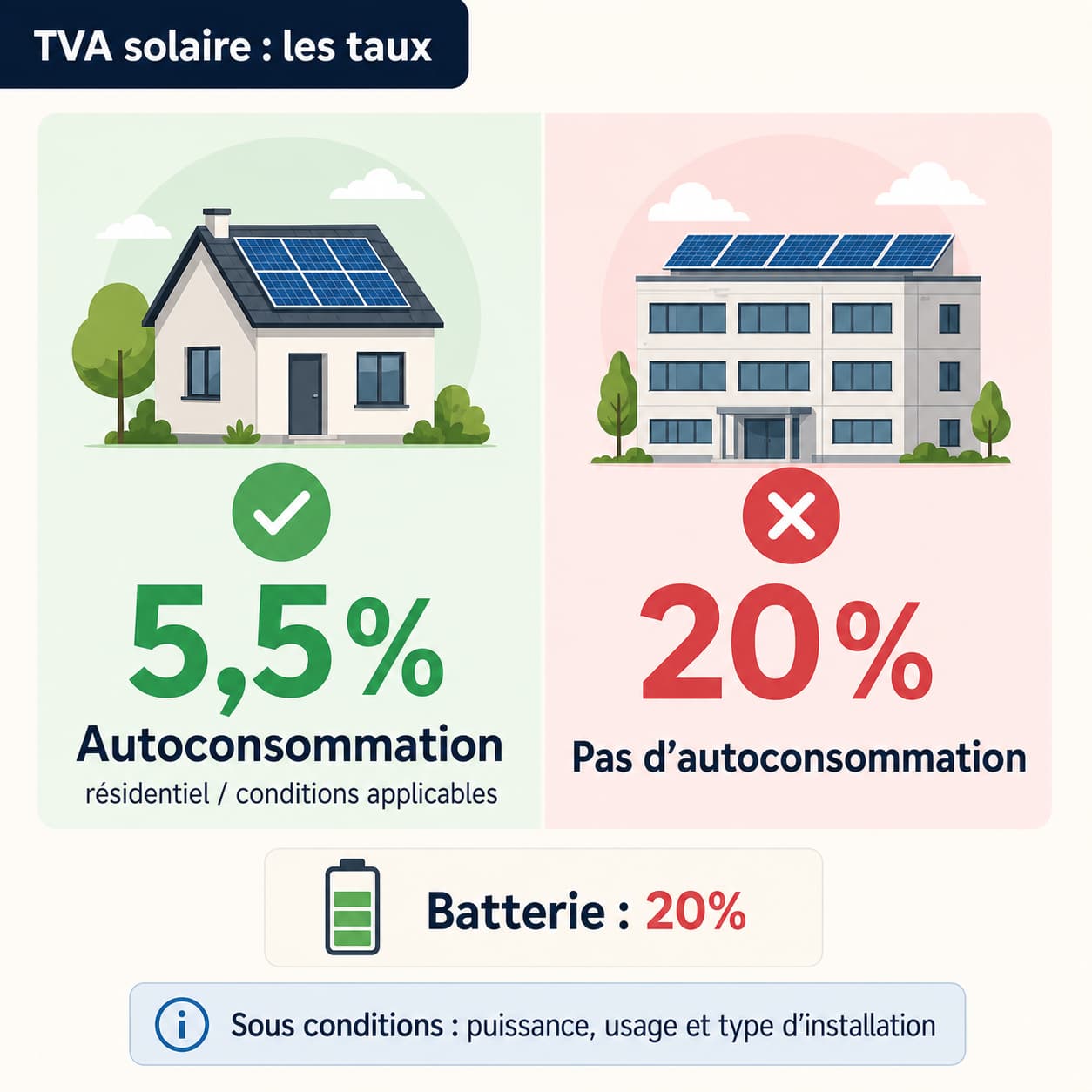 Un graphique minimaliste en deux colonnes comparant les taux de TVA solaire : à gauche, une maison résidentielle avec 5,5% et une coche pour l
