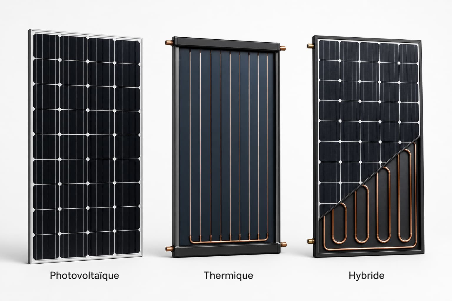 Trois panneaux solaires alignés sur fond blanc : photovoltaïque, thermique et hybride, avec étiquettes en français.