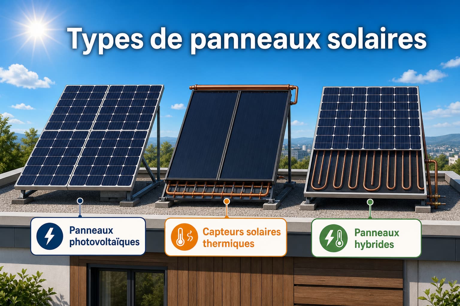 Toit moderne sous un ciel ensoleillé présentant trois types de panneaux solaires étiquetés : photovoltaïques, thermiques et hybrides, avec le texte