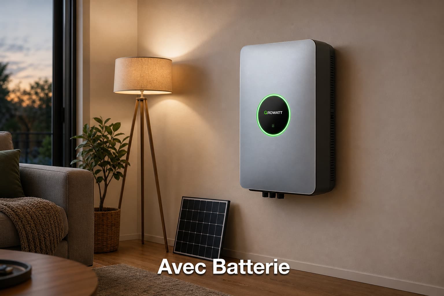 Coin de salon moderne avec batterie solaire murale, anneau LED vert lumineux, petit panneau solaire factice, éclairage chaleureux d