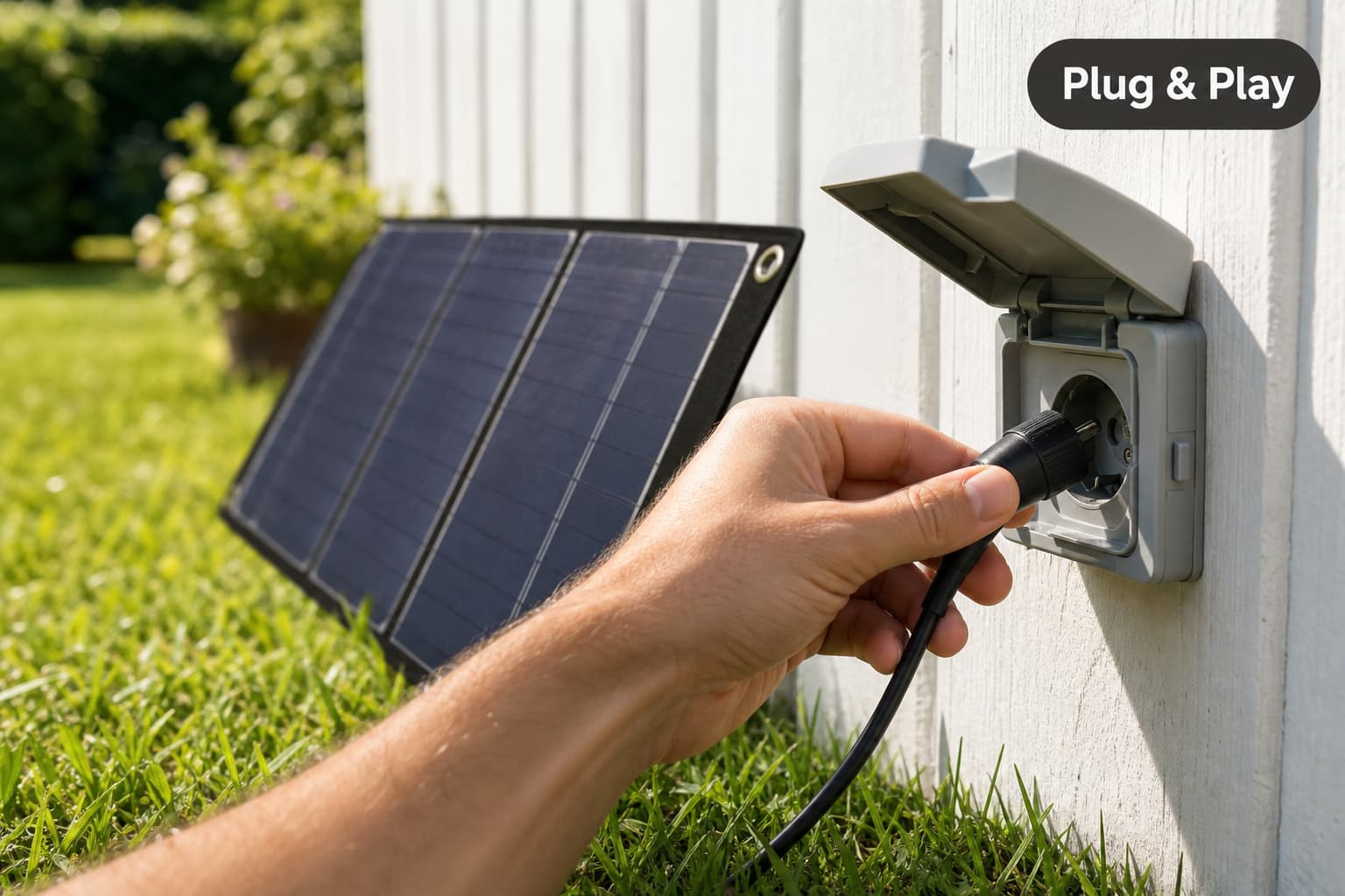 Une main branche un panneau solaire compact sur une prise extérieure, appuyé contre une clôture blanche dans un jardin ensoleillé, avec un badge affichant