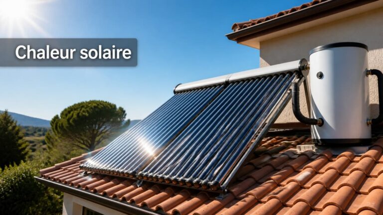 Toiture résidentielle équipée de capteurs solaires thermiques à tubes sous vide sous un ciel ensoleillé, avec un ballon d'eau chaude visible au sol et le texte « Chaleur solaire » affiché.