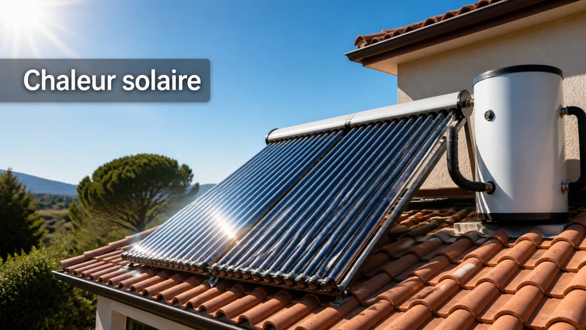Toiture résidentielle équipée de capteurs solaires thermiques à tubes sous vide sous un ciel ensoleillé, avec un ballon d
