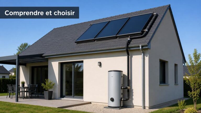 Maison résidentielle avec des capteurs solaires thermiques sur le toit, un ballon de stockage et des tuyauteries apparentes, accompagnée du texte « Comprendre et choisir » superposé.