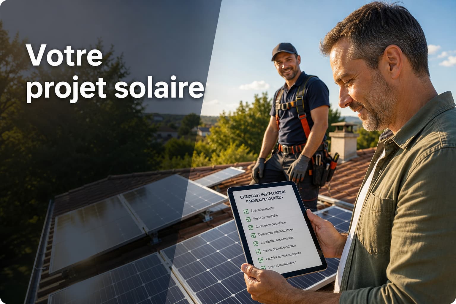 Un propriétaire sur un toit avec une tablette affichant une checklist solaire, un technicien souriant en arrière-plan avec outils et harnais, sous un ciel ensoleillé avec arbres verts, et une surimpression du texte