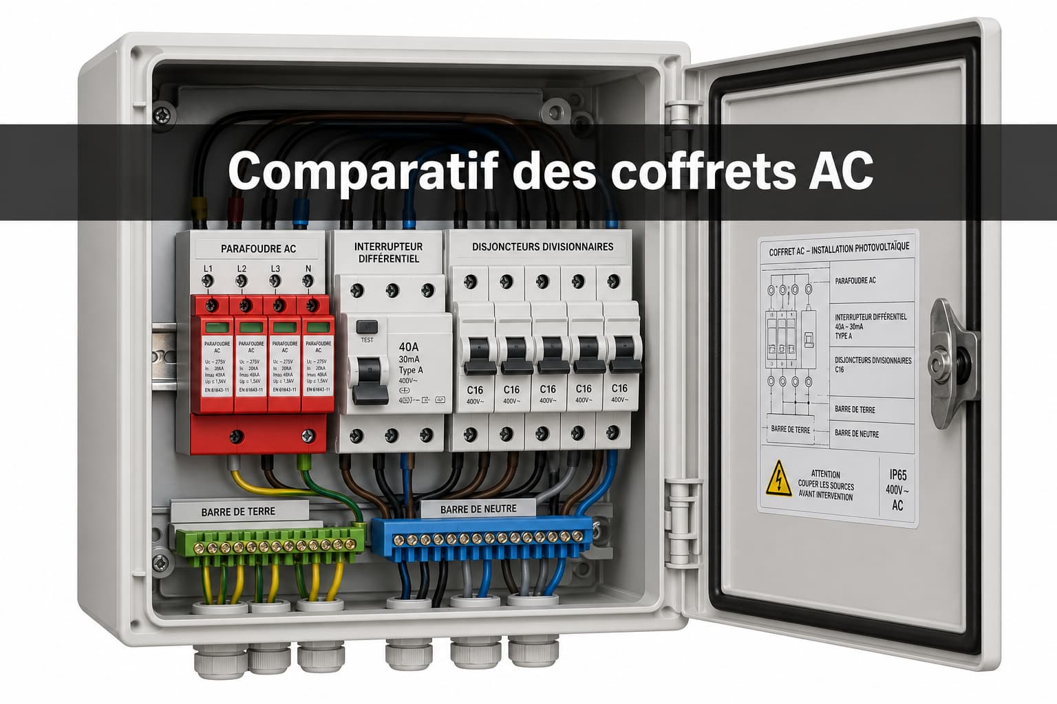Un coffret de protection AC ouvert sur fond blanc, montrant des composants internes comme un parafoudre, un disjoncteur différentiel et des borniers, avec l