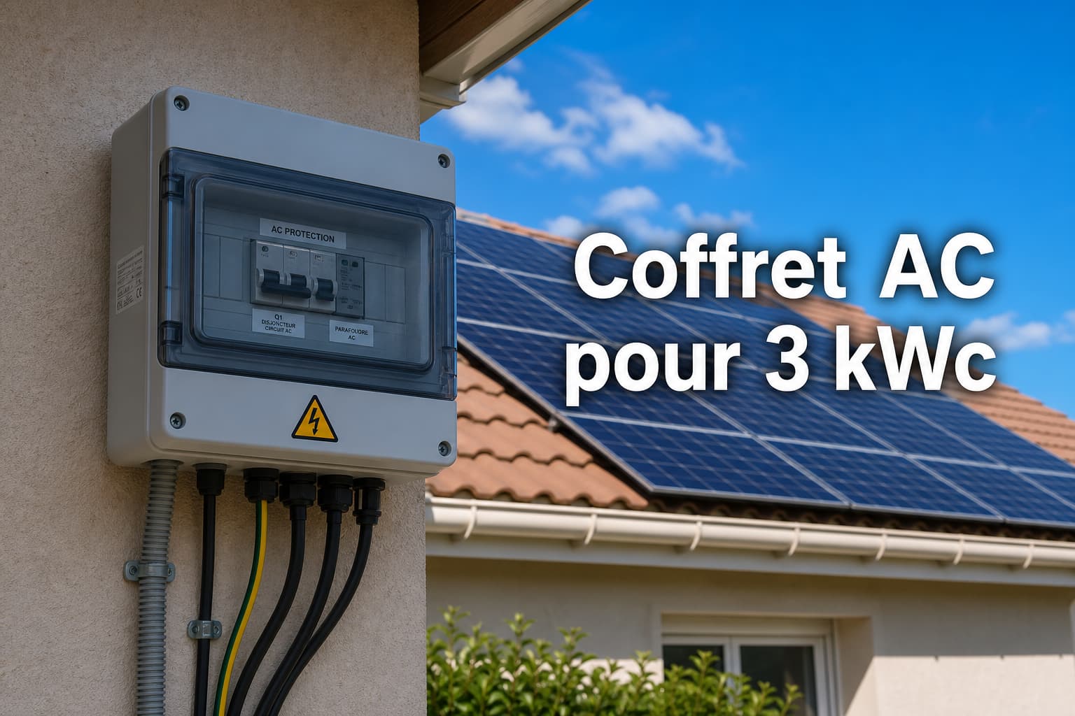 Panneaux solaires résidentiels sur un toit sous un ciel bleu, avec un boîtier électrique AC gris fixé au mur au premier plan et un texte superposé indiquant