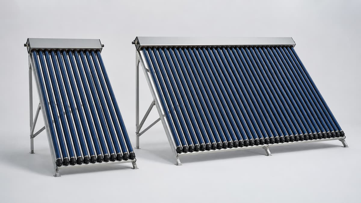 Deux capteurs solaires thermiques à tubes sous vide posés côte à côte sur des supports, l