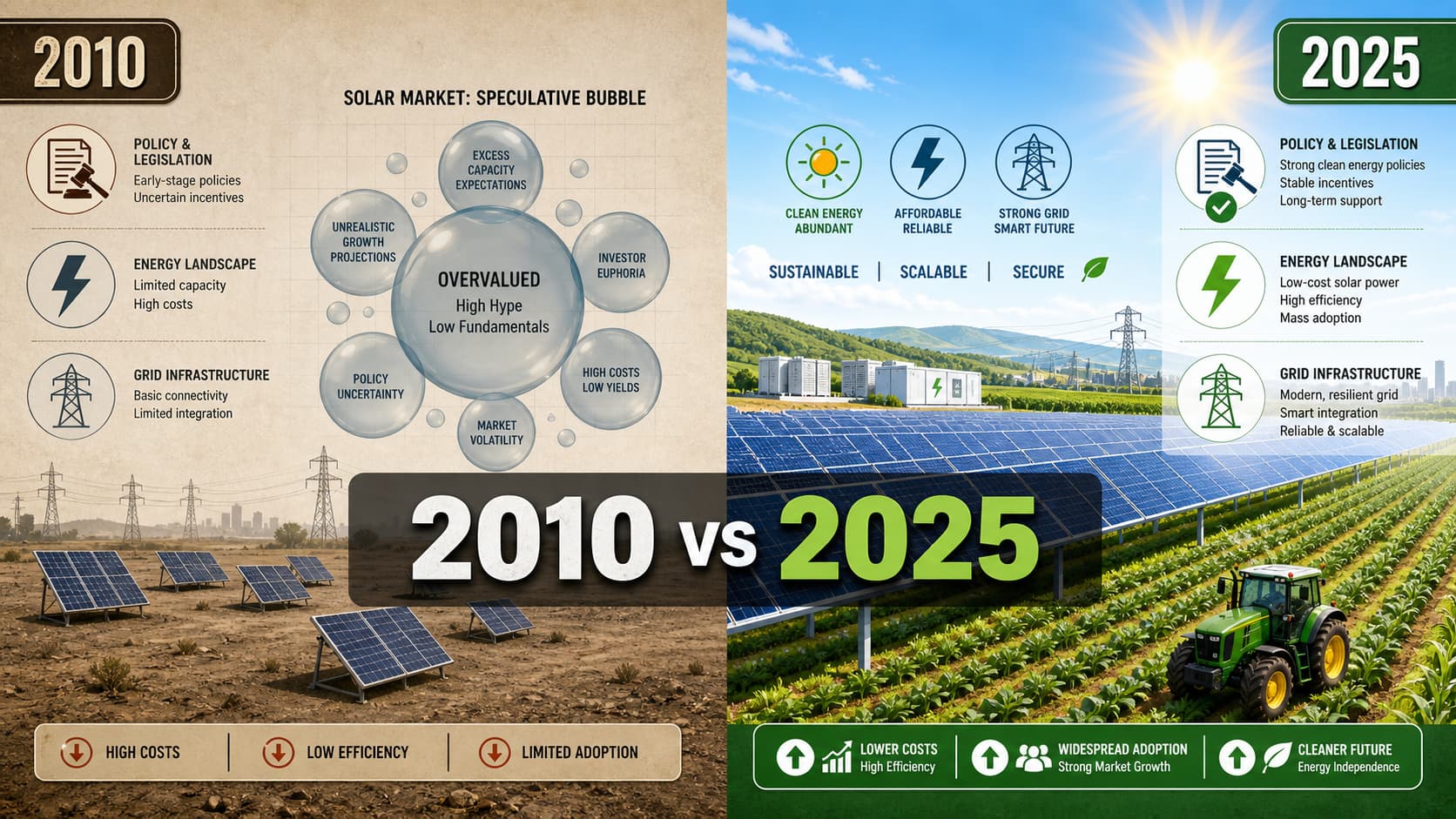 Composition divisée : à gauche, des panneaux solaires obsolètes et un graphique à bulles ; à droite, des installations solaires modernes dans un champ avec un tracteur, sur fond d