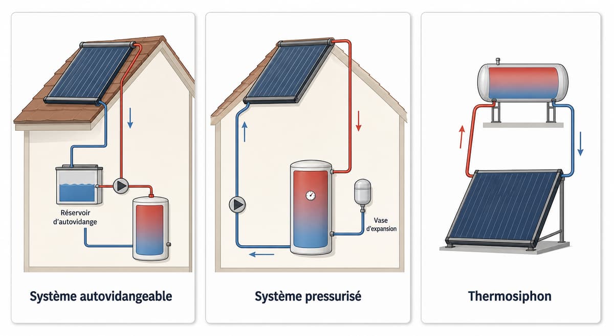 Schéma comparatif de trois technologies de chauffe-eau solaire montrant les différences de position du ballon et la présence ou l