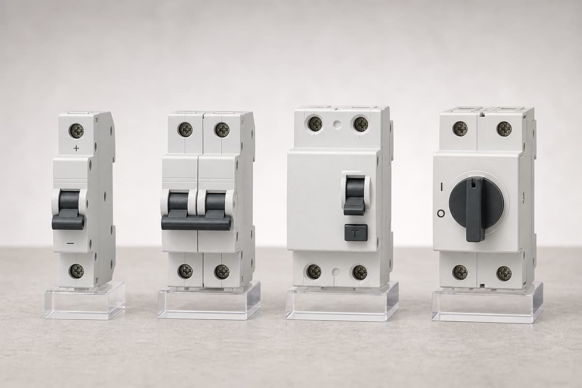 Quatre dispositifs de protection électrique alignés sur un fond neutre : un disjoncteur DC, un disjoncteur AC, un interrupteur différentiel et un sectionneur.