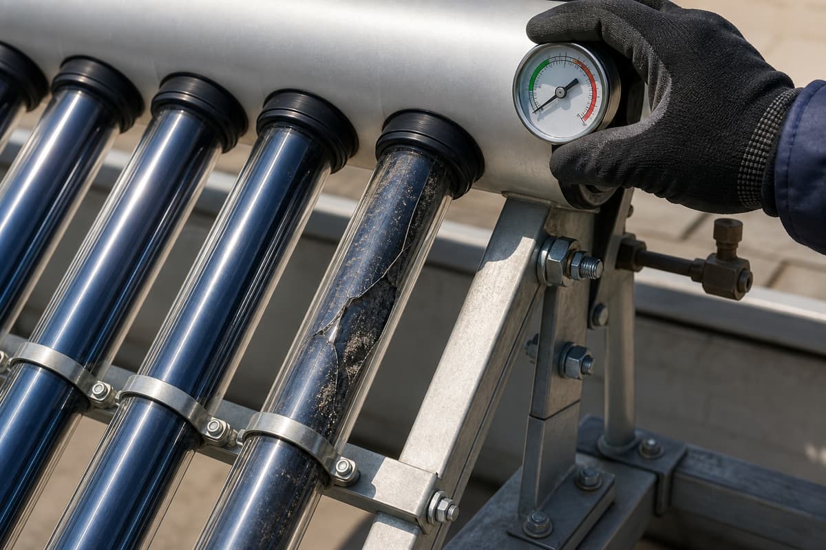 Gros plan sur des tubes solaires sous vide, dont un fissuré et encrassé, avec une main gantée vérifiant un manomètre et des fixations visibles.
