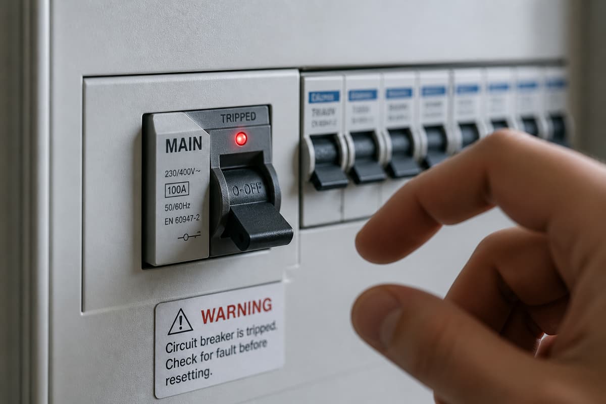Gros plan sur un tableau électrique ouvert montrant un disjoncteur en position déclenchée avec un voyant rouge allumé, et une main s