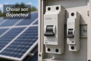 Gros plan sur deux disjoncteurs, l’un DC et l’autre AC, montés sur un tableau électrique, avec des panneaux solaires flous en arrière-plan et le texte « Choisir son disjoncteur » affiché.