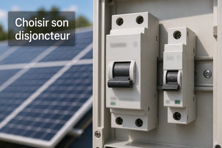 Gros plan sur deux disjoncteurs, l’un DC et l’autre AC, montés sur un tableau électrique, avec des panneaux solaires flous en arrière-plan et le texte « Choisir son disjoncteur » affiché.