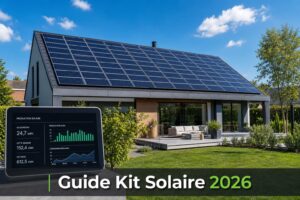 Maison moderne avec toit couvert de panneaux solaires, ciel bleu avec nuages, affichage de statistiques énergétiques au premier plan, et texte 'Guide Kit Solaire 2026' sur une barre sombre en bas.