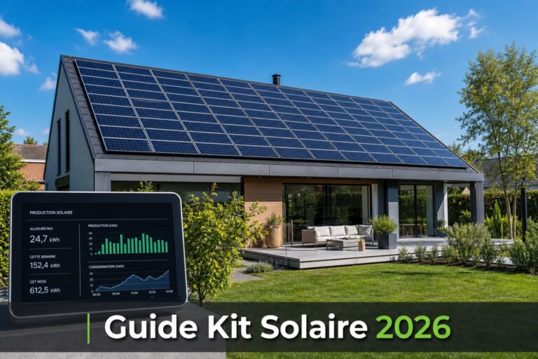 Maison moderne avec toit couvert de panneaux solaires, ciel bleu avec nuages, affichage de statistiques énergétiques au premier plan, et texte 'Guide Kit Solaire 2026' sur une barre sombre en bas.